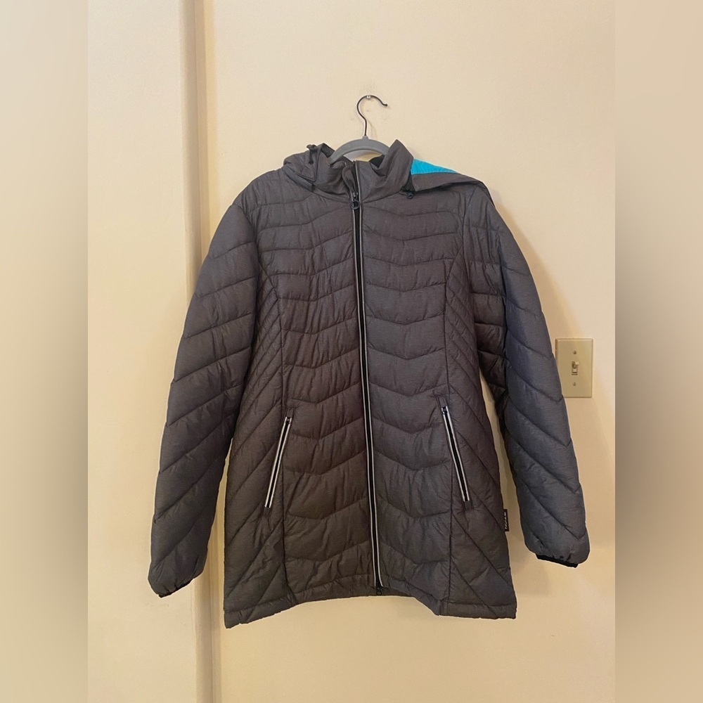 NOIZE Quilted Hooded Puffer Coat Gray Blue Size Large Womens Jacket